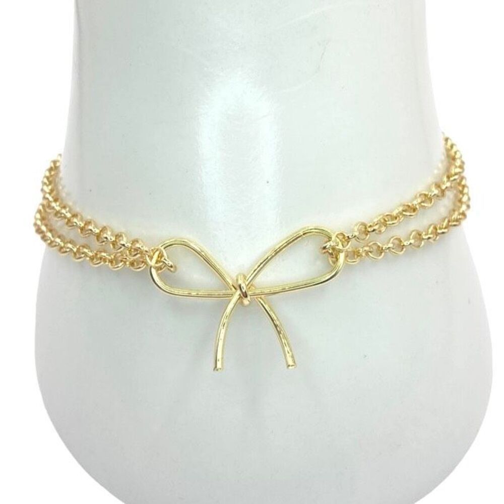 Gold Chain Charm Bracelet Double Strand Wire Bow Charm Bracelet